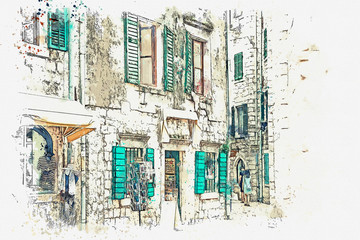Watercolor sketch or illustration of the view of the traditional residential stone house in Montenegro.