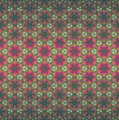 Bohemian style caleidoscope ombre seamless vector pattern in green, pink and orange color. Texture for web, print, fabric, textile, card background, wrapping paper or wallpaper.