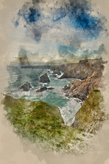 Watercolor painting of Stunning landcape image of Bedruthan Steps on Cornwall coast in England
