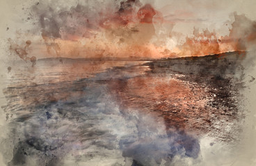 Obraz na płótnie Canvas Watercolour painting of View along coast into beautiful setting sun