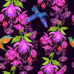 Seamless pattern floral background with exotic flowers and Hummingbird birds,watercolor illustration