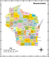 wisconsin state outline administrative and political vector map in color