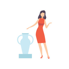 Female Professional Auctioneer Selling Ancient Vase in Art Gallery, Auction Process Vector Illustration