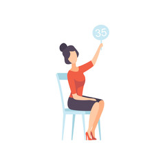 Businesswoman Bidding in Public Auction House, Female Bidder Raising Auction Paddle with Number to Buy Piece of Art Vector Illustration