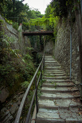 Italian narrow streets with stairs, Lake Como. Alps, Italy, Lombardi, Europe.