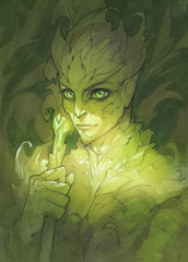 Green fantasy portrait illustration of a dryad character with big glowing ice and face covered in leaves and  plants