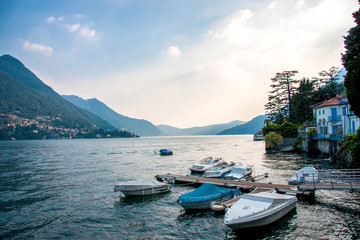 Boats on Lake Como. Alps, Italy, Lombardi, Europe.