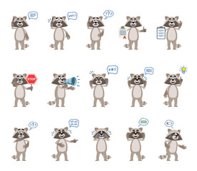 Set of cartoon raccoon characters showing diverse actions, emotions. Funny raccoon talking on phone, surprised, angry, laughing, holding stop sign and doing other actions. Simple vector illustration © paper_owl