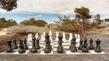 Large chess figures outside, surrounded by trees