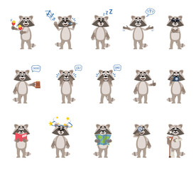 Set of cartoon raccoon characters showing diverse actions, emotions. Funny raccoon thinking, celebrating, surprised, reading book, holding map and doing other actions. Simple vector illustration © paper_owl