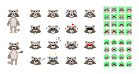 Big set of cartoon raccoon emoticons. Raccoon avatars showing various facial expressions. Happy, sad, angry, surprised, tired, dazed, sleepy, serious and other emotions. Simple vector illustration