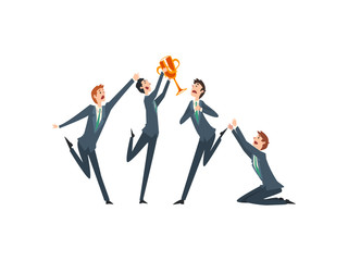 Successful Businessman with Winner Cup, Team Leader Business Competition, Envious Colleagues Envying Success Vector Illustration