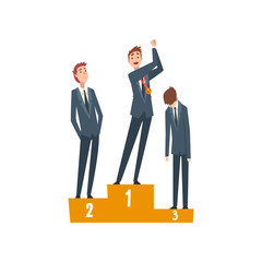 Successful Businessman Standing on Pedestal with Winner Cup, Team Leader Competition, Leadership and Teamwork Vector Illustration