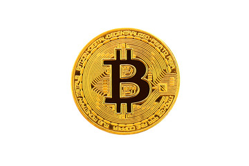 Golden bitcoin isolated on white. Digital currency. Cryptocurrency.