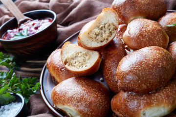 bread dough buns with ground pork meat