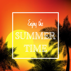 Summer tropical backgrounds set with palms, sky and sunset.