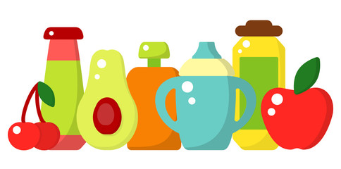 Horizontal concept of baby food elements. Flat style vector illustration. Suitable for advertisement