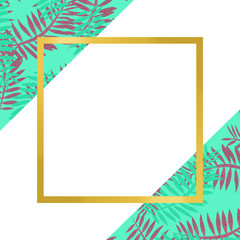 Raster gold frame with aqua blue and pink tropical leaves pattern with copy space