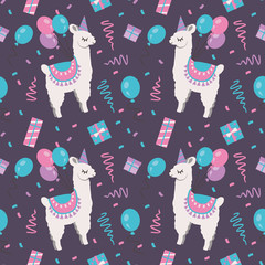 Seamless pattern with cartoon Alpaca or Llama animals with birthday balloons, confetti and gift boxes on dark purple background © Firn