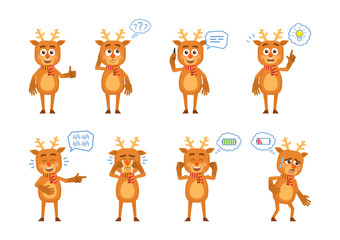 Set of cartoon reindeer characters posing in different situations. Cheerful reindeer talking on phone, thinking, pointing up, laughing, crying, tired, full of energy. Flat vector illustration © paper_owl