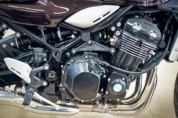 Beautiful view of the motorcycle with an emphasis on the engine.