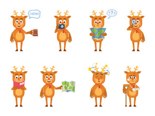 Set of cartoon reindeer characters posing in different situations. Cheerful reindeer decorating Christmas tree, holding gift box, present, scroll, jingle bells. Flat vector illustration