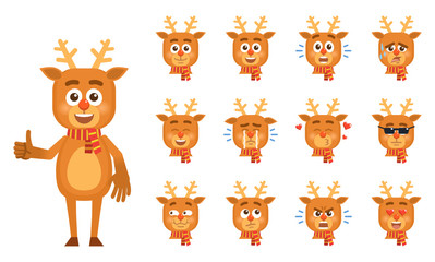 Set of cartoon reindeer emoticons. Reindeer avatars showing different facial expressions. Happy, sad, cry, laugh, surprised, tired, angry, in love and other emotions. Simple style vector illustration