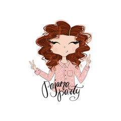 Red Hair Girl In Pink Pajamas Isolated On A White Background Pajama Party Hand Drawn Illustration