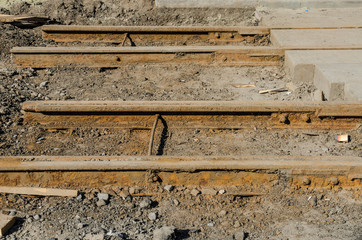 Dismantled old rusty tram rails