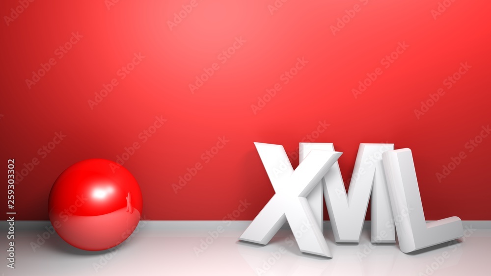 Poster xml white 3d write at red wall with a red sphere - 3d rendering