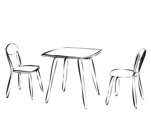 vector, isolated, rest table and chair sketch, lines