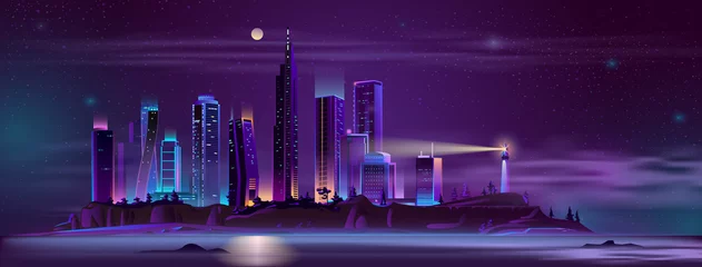 Poster Moderne metropool gebouwen op zee of oceaan eiland steile kust met strand nacht landschap cartoon vector in neonkleuren. Moderne stadshorizon met futuristische wolkenkrabbers en vuurtorenillustratie © vectorpocket