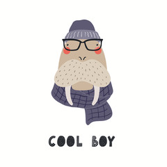 Obraz premium Hand drawn vector illustration of a cute hipster walrus in glasses, with lettering quote Cool boy. Isolated objects on white background. Scandinavian style flat design. Concept for children print.