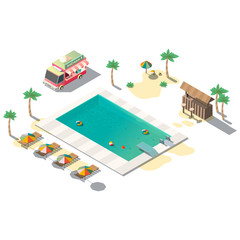 Hotel water park swimming pool isometric vector with umbrellas under beach lounge chairs, bar and inflatable rings in water illustration. Resort outdoor attraction. Travel and tourism design element