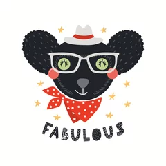 Papier Peint photo Lavable Illustration Hand drawn vector illustration of a cute hipster indri in glasses, with lettering quote Fabulous. Isolated objects on white background. Scandinavian style flat design. Concept for children print.