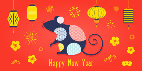 2020 Chinese New Year greeting card with rat silhouette, fireworks, lanterns, flowers, text. Isolated objects. Vector illustration. Flat style design. Concept for holiday banner, decor element.