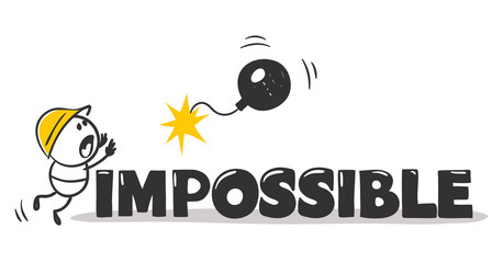Impossible. Funny man destroys obstacles to the goal, vector illustration.