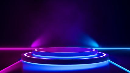 Circle stage and purple neon light, abstract  background, ultraviolet concept, 3d render