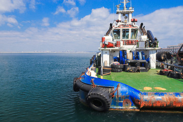 OSV boat, offshore supply vessel stand moored in harbor of Odessa, Ukraine