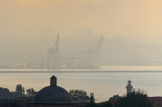 View of the shipyard in the morning fog on the Asian side of Istanbul