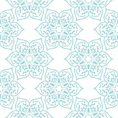 Geometric print in arabic style. Pale blue pattern on white seamless background