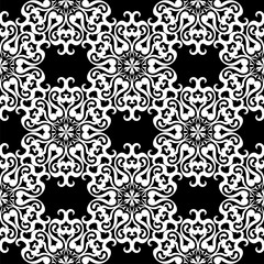  Seamless pattern. Black flowers on white floral background