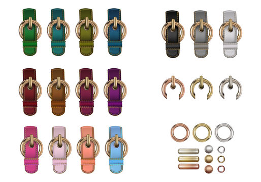 Haberdashery accessories. Set metal round buckles and leather straps with stitches of different colors.