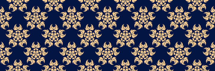 Golden floral print. On dark blue seamless background