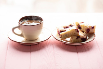 Coffee americano and apple pie on wooden table