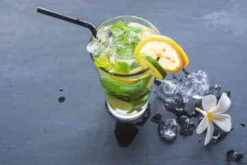 Mojito cocktail on dark stone table. Top view with copy space for your text