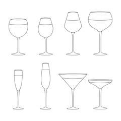 Alcohol wine, champagne and martini drink glasses in outline. Bar cold cocktail booze. Vector illustration.