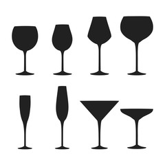 Alcohol wine, champagne, gin and martini drink glasses silhouettes. Bar cold cocktail booze. Vector illustration. - obrazy, fototapety, plakaty