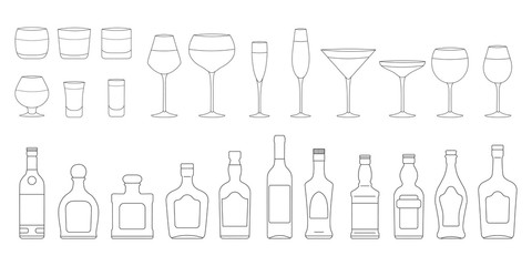 Big set of wine, champagne, gin, martini, scotch, whiskey, rum, tequila glasses and bottles outlines. Bar cold cocktail booze. Vector illustration of alcohol drinks.