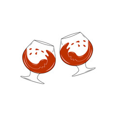 Two clinking cognac glasses with splashing brandy. Celebration toast on a cocktail party. Vector background.